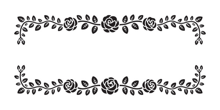 Rose vine border horizontal divider set with leaves and blossom flowers decorative floral frames.