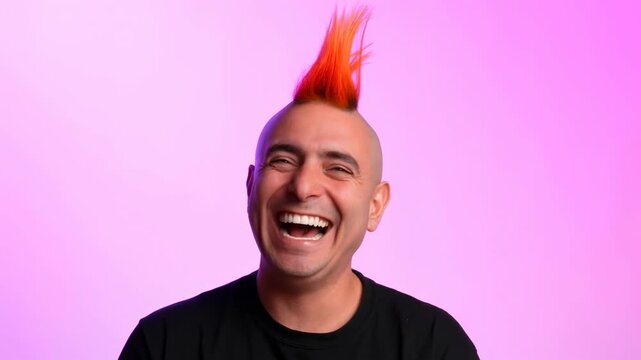 Brightly colored mohawk man laughing against a vibrant pink backdrop