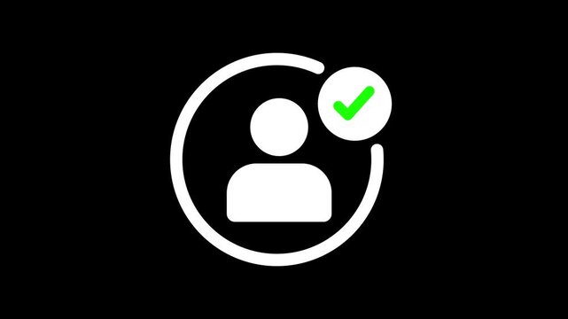 User profile with check mark animation on black background. Profile verify account icon. Person verify icon animation. verified user profile with a check mark icon animated.. 4k video