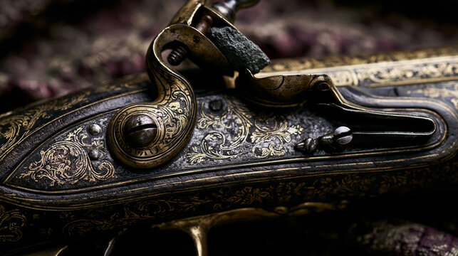 flintlock. Close-up detail of ornate flintlock pistol focusing on flint against frizzen. product launch decks, UI/UX mockups, designed for data visualization dashboards and holographic UIs.