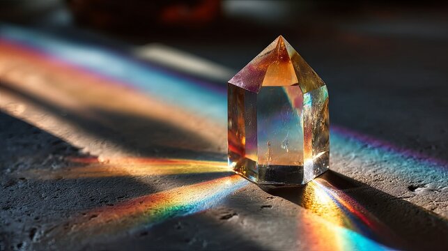 A crystal prism reflecting vibrant rainbow light during a meditation practice, symbolizing spiritual clarity, energy alignment, inner healing, sacred illumination, and holistic well-being
