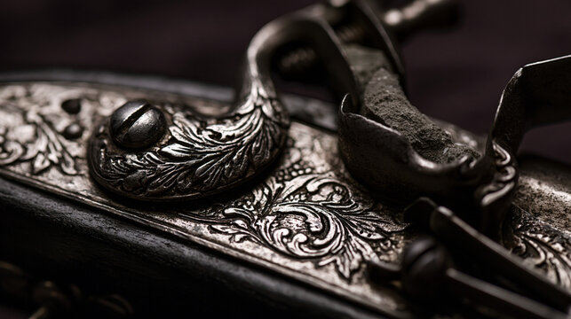 flintlock. Close-up detail of ornate flintlock pistol focusing on flint against frizzen. product launch decks, UI/UX mockups, designed for data visualization dashboards and holographic UIs.