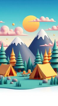 camping in mountains, colorful cartoon landscape