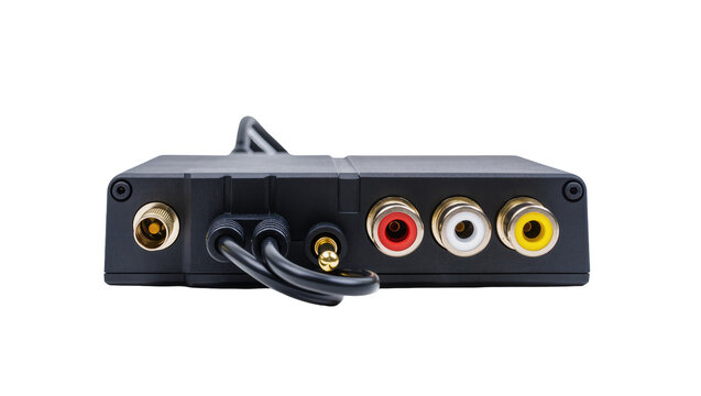 Isolated black video audio converter box with coaxial and RCA composite ports on connections.