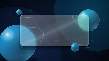 Futuristic abstract HUD background with glowing blue spheres, transparent glass panel, orbit lines, and dark sci-fi digital interface style © Антон Сальников
