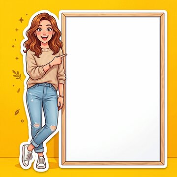 Woman pointing to blank sign with casual outfit and friendly smile