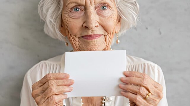 Elderly woman holding blank card in hands with wrinkled skin