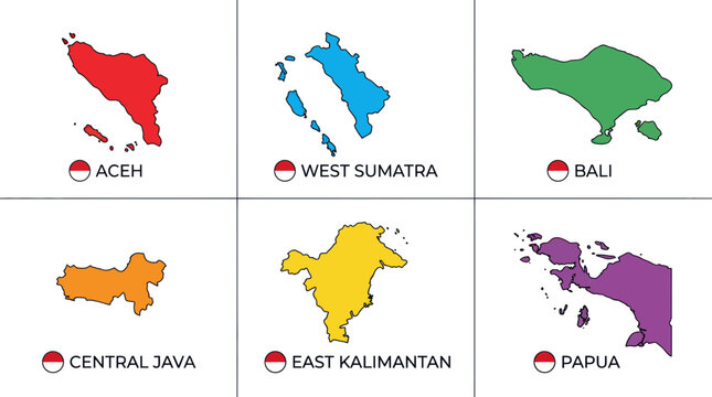 Colorful Indonesian Provinces Maps: Aceh, West Sumatra, Bali, Central Java, East Kalimantan, Papua