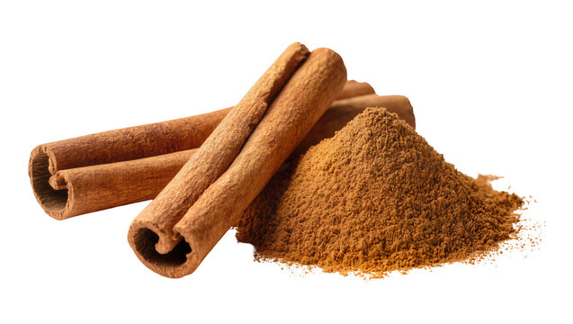 Isolated cinnamon sticks and a fragrant pile of ground cinnamon powder ready for cooking