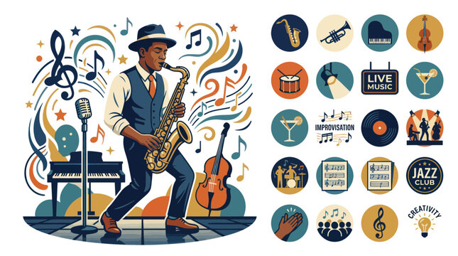 Jazz Musician Playing Saxophone with Musical Notes and Icons