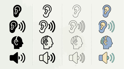a "Hearing Listening vectors Set" featuring stylized ear symbols, sound waves, and human profiles © Rabeya's Stock