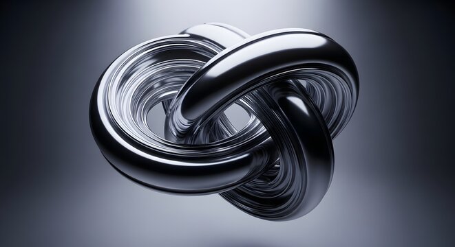 Complex intertwined metallic torus knot sculpture symbolizing complexity and connection.