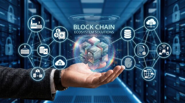 Hand holding hologram of blockchain ecosystem solutions, digital technology network concept with connected icons for industry, finance, cloud computing