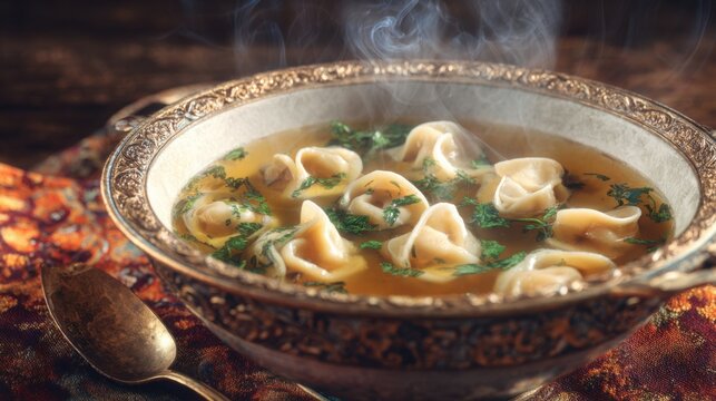 Hyperrealistic gourmet food photography, traditional Uzbek chuchvara, delicate meat dumplings in clear aromatic broth, fresh herbs, elegant ceramic