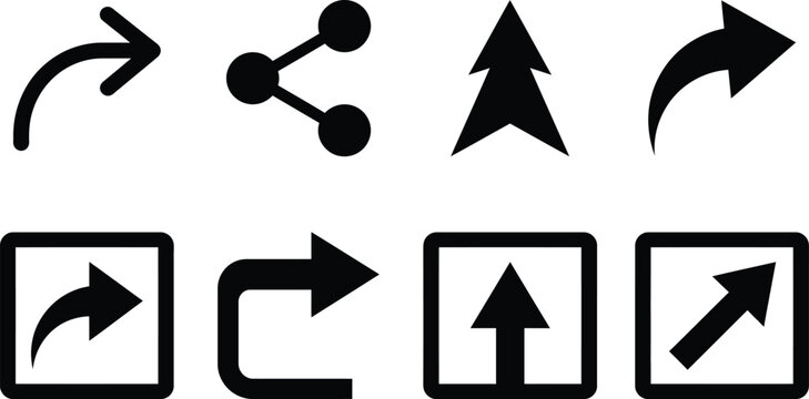 Set of simple black arrow icons and social media share symbols for website and mobile navigation