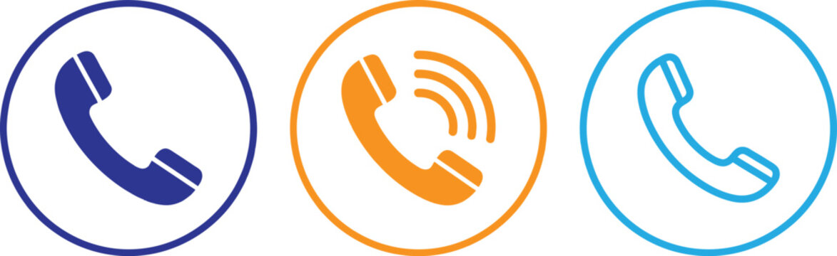 Set of three colorful telephone icons with ringing and call symbols for contact and communication