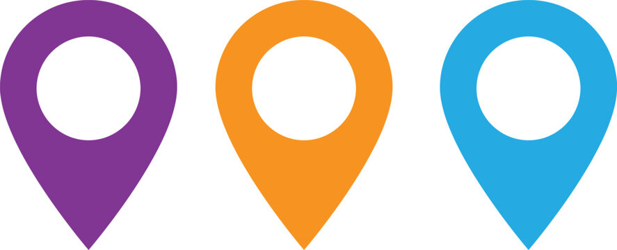 Three colorful map pointer location pins in purple orange and blue