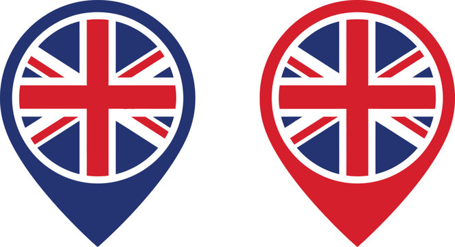 United kingdom flag map pointer icons in blue and red