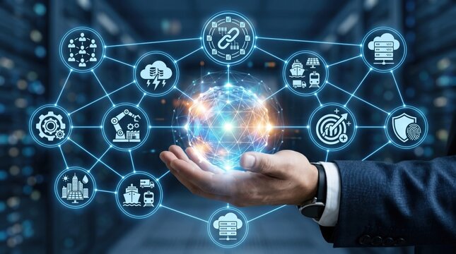 Business hand holding glowing digital globe connected to network icons representing cloud computing, blockchain, logistics, security and global connectivity