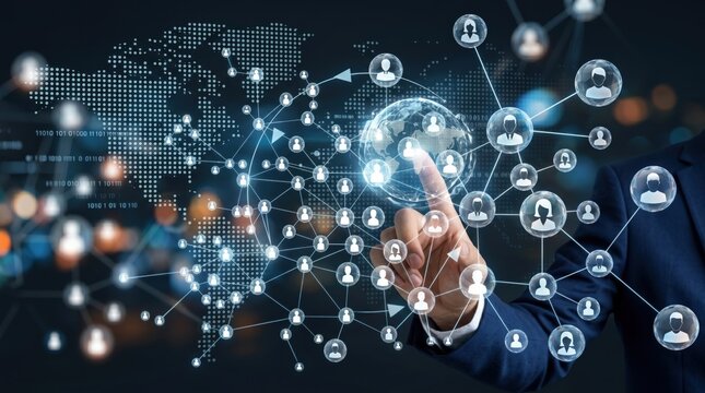 Finger touching virtual social network map with connected user profile icons over world map background, representing global communication and community