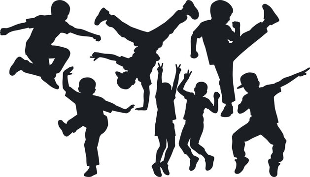 Active and Happy Children Silhouette Set with Kids Jumping Dancing Doing Handstands Dabbing and Celebrating Energetic Movement Vectors