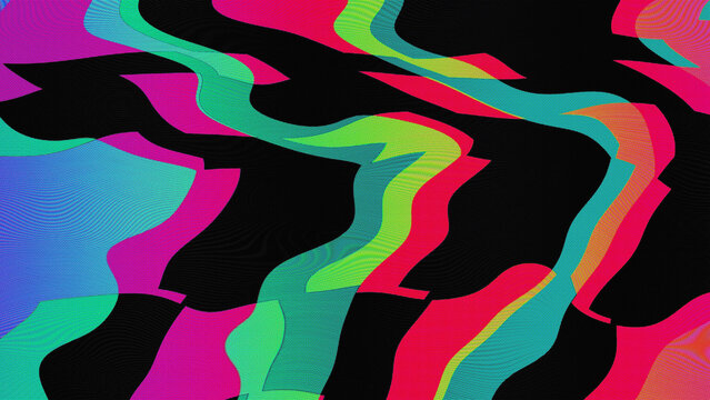 Neon magenta, cyan, and green glitch halftone with overlapping wavy layers and datamosh dot distortion on black background. Trippy halftone texture for psychedelic and fashion design