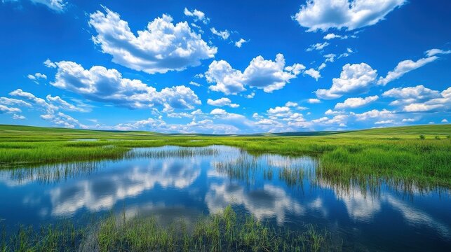 Vibrant landscape of a marsh reflecting fluffy clouds in summer