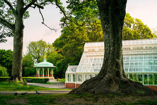 Pearson park with bandstand and greenhouse. Hull, UK.