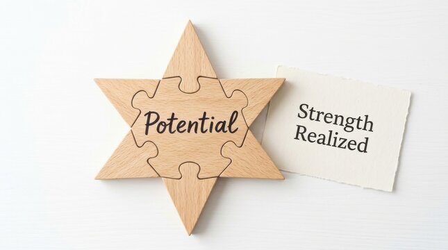 Wooden puzzle star with word potential and realization text