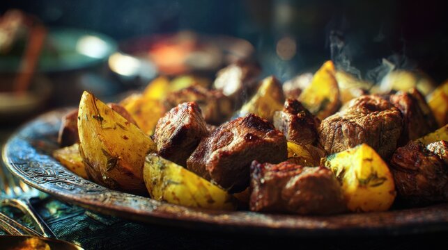 Hyperrealistic gourmet food photography, traditional Uzbek kazan kebab, roasted lamb pieces with golden potatoes, sizzling appearance, rustic serving