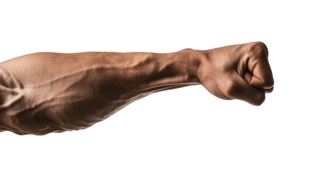 Isolated powerful male arm with visible veins clenched into a fist, showing strength