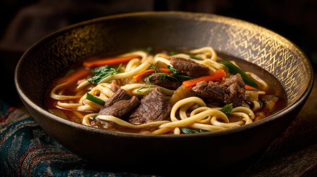 Hyperrealistic gourmet food photography, traditional Uzbek lagman, handmade noodles with tender , colorful vegetables, rich aromatic broth, elegant