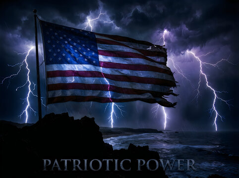 American flag waving in a powerful thunderstorm with lightning strikes over a dark, rocky coastal landscape