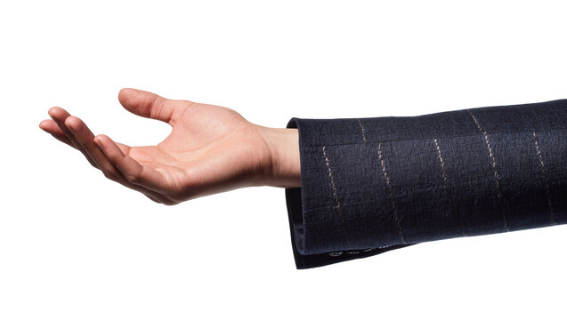 Isolated male arm in formal dark suit jacket with open palm up hand ready to receive