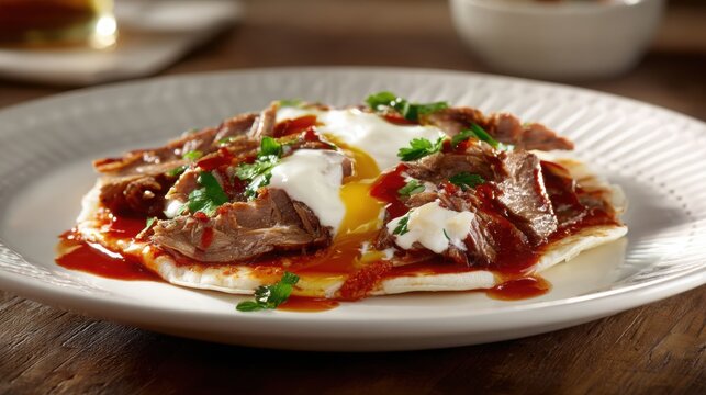 Hyperrealistic gourmet food photography, Turkish iskender kebab, thinly sliced lamb over pita bread, rich tomato sauce and melted butter, creamy