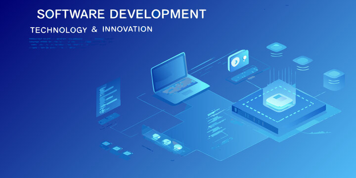 Isometric software development illustration with laptop servers and data icons