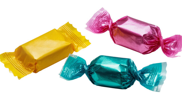 Isolated vibrant colorful hard candies wrapped in shiny cellophane, sweet confectionery treats