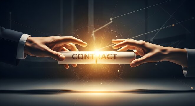 Two hands exchanging a contract scroll, symbolizing agreement and partnership in business dealings