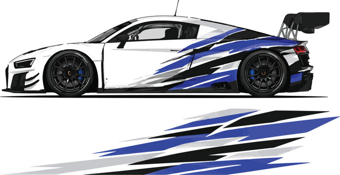 White sports car with blue stripes.