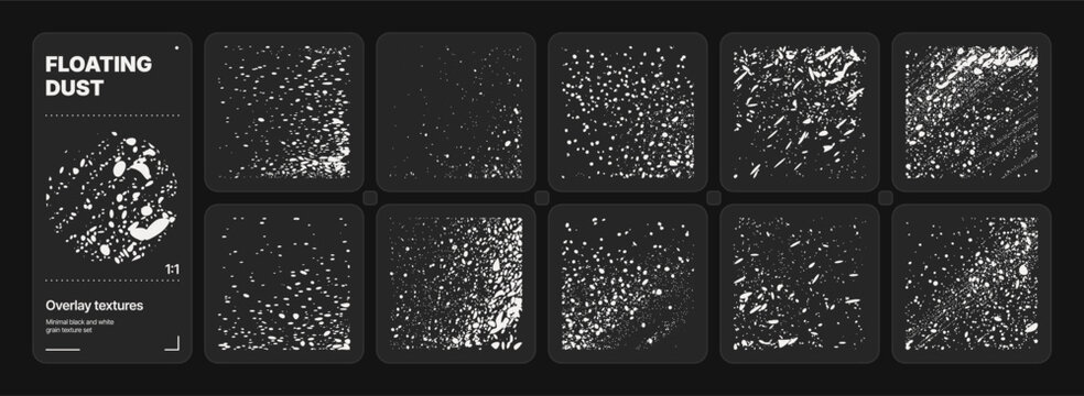 Floating grain speck texture set, minimal monochrome dust in dark space vector background collection