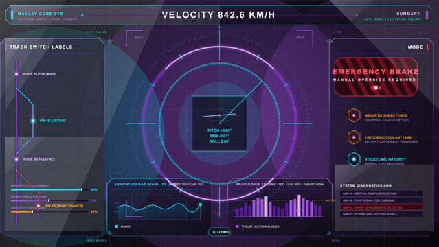 Dark futuristic maglev train HUD with velocity readout, track switch labels, emergency brake warning, propulsion charts and neon diagnostics