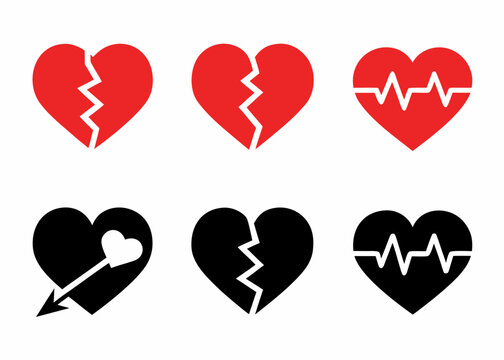 Six Heart Symbols In Red And Black Flat Vector Illustration