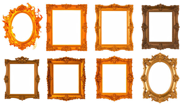 A collection of eight ornate, empty picture frames with varying shapes and gold or brown hues, arranged against a black background