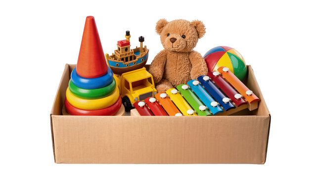 Isolated cardboard box filled with various colorful children's toys for donation or playtime