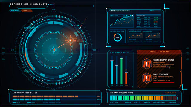Dark futuristic defense visor HUD with radar tracking, turret telemetry, recoil hazard alerts, ammunition status and cooling core indicators