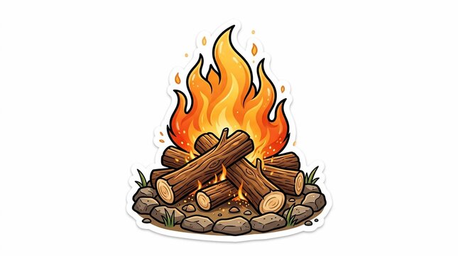 campfire flames burning wood logs on rocky ground isolated
