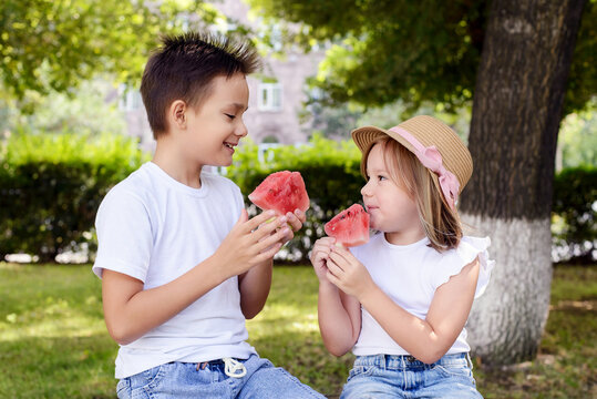Brother and sister sharing watermelon and smiling at each other in a sunny park. Healthy summer snack, sibling friendship, childhood joy, and outdoor family lifestyle
