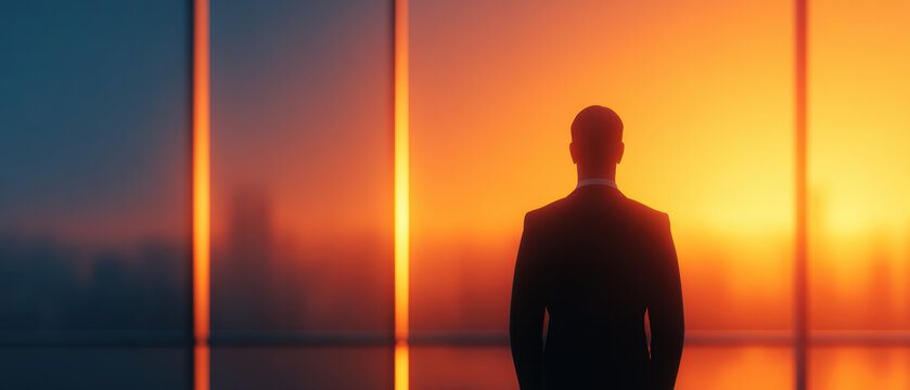 Silhouette of man in suit before orange sunset city skyline, cinematic executive portrait with dramatic backlight and reflective glass