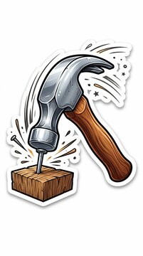 Hammer driving nail into wood block with motion effect