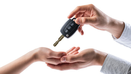 Fototapeta premium Isolated male hand passing a modern car key with remote control buttons to a recipient's hand
